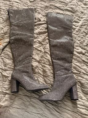 Sparkle Knee-High Block Heel Boots - Silver